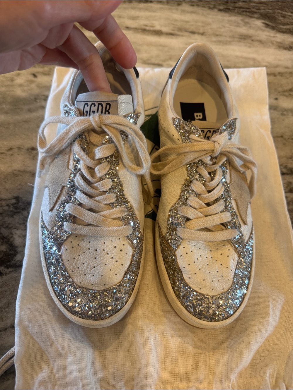 Golden Goose White Leather Sneakers with Silver Glitter Trim